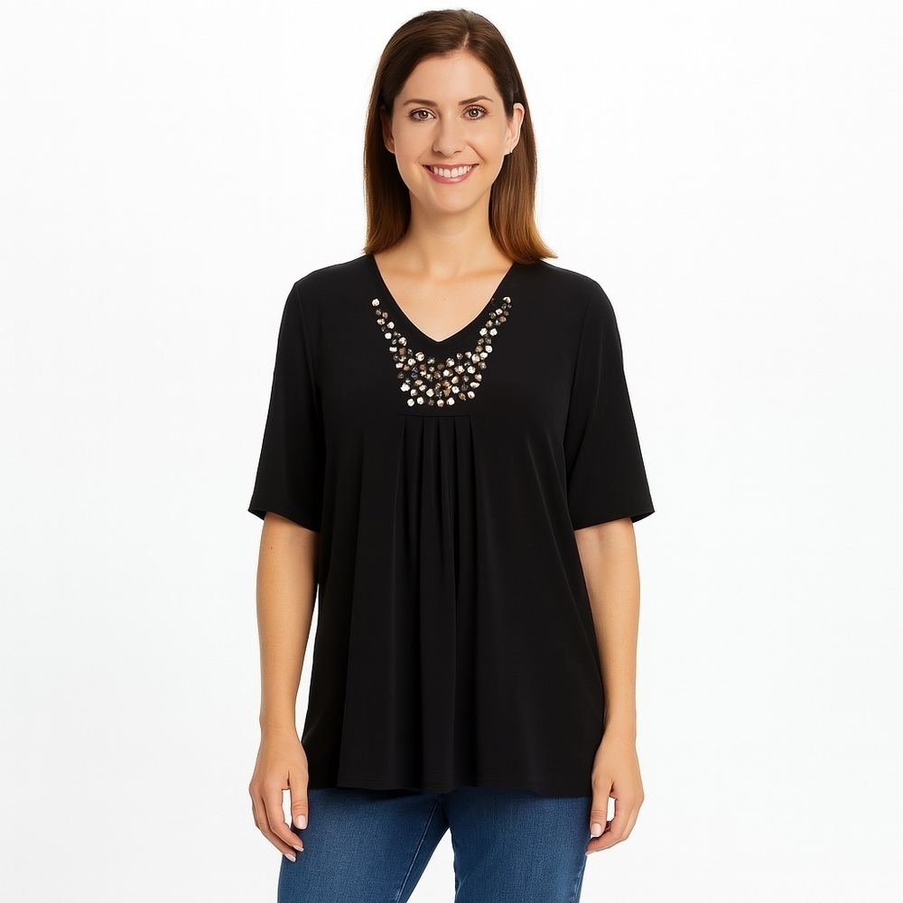 Susan graver Black Blingy Stretchy Slinky Top Size S